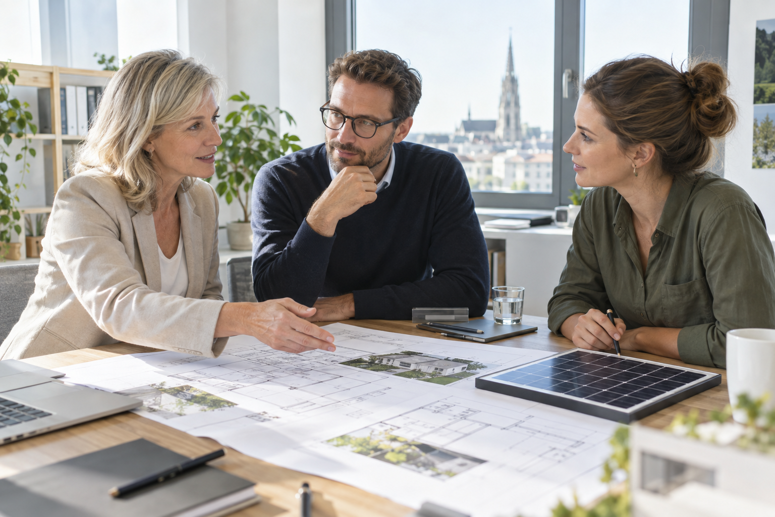 Drei Projektpartner besprechen Gebäudepläne und ein Solarmodul