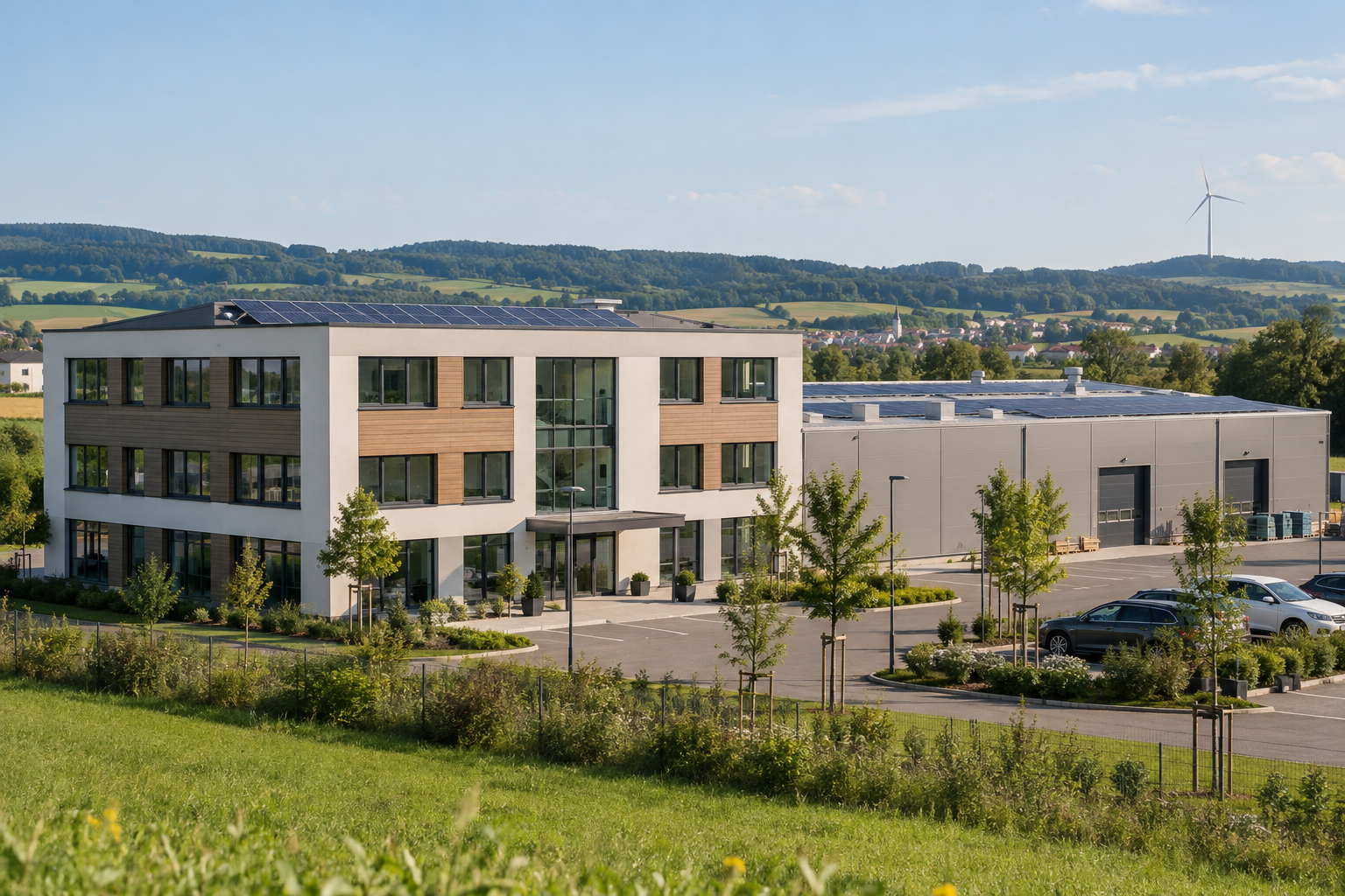 Bürogebäude und Produktionshalle mit Solardächern